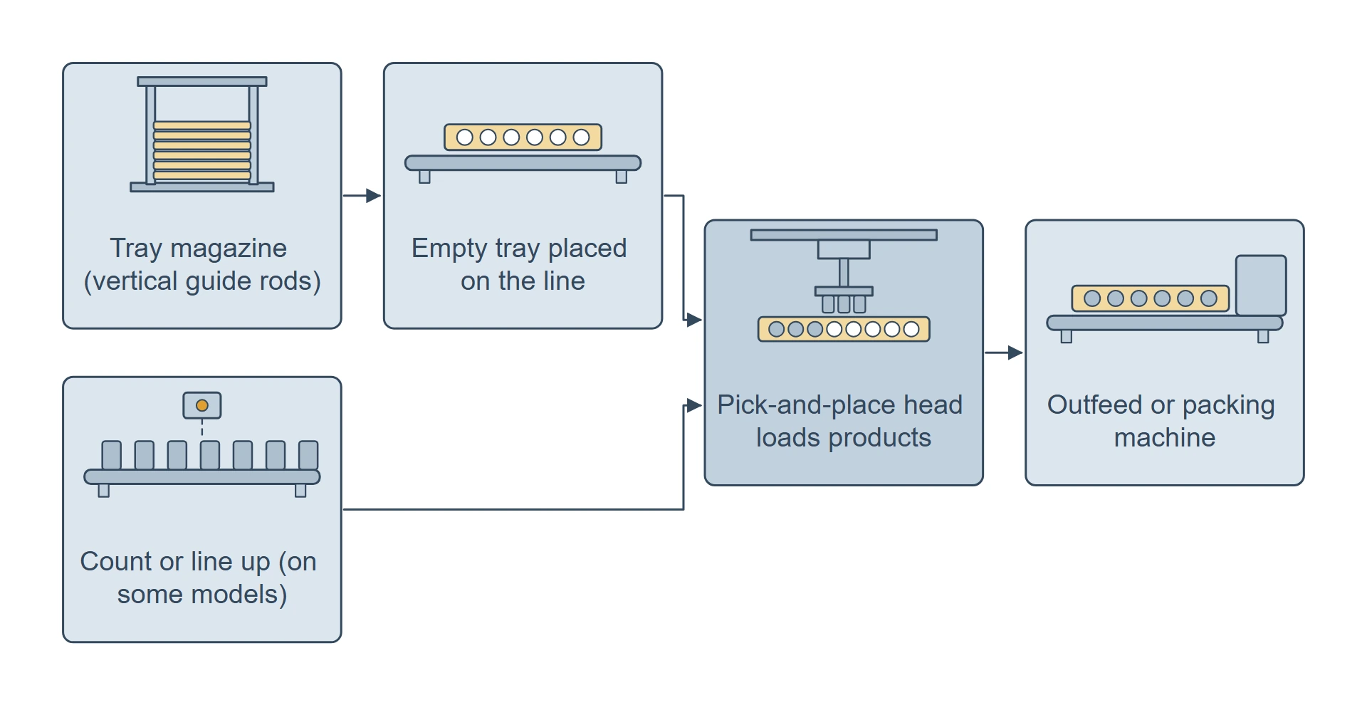 Flow of a tray loading line: empty trays come from a stacked magazine and are placed on the line while products are counted or lined up, both meet at a pick-and-place head that loads the products into the trays, then the trays go to an outfeed or a packing machine.